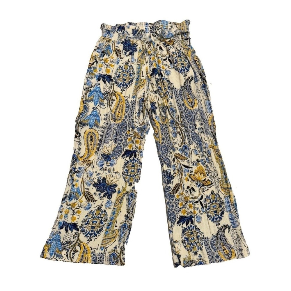 Boho Paisley Wide Leg Drawstring Pants Womens S Smocked Waist Flowy Casual Light